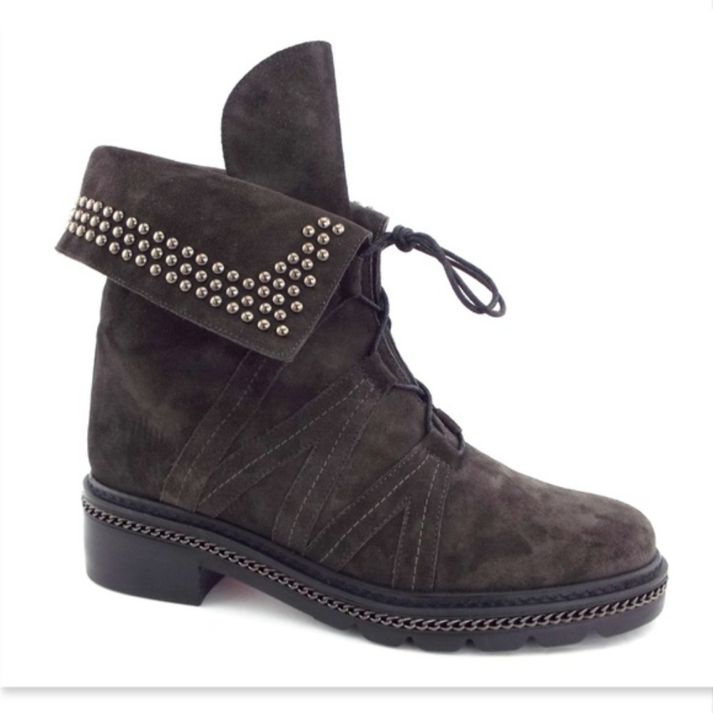 New STUART WEITZMAN Gray Suede Leather Lace-up Fold Down Stud Booties 7